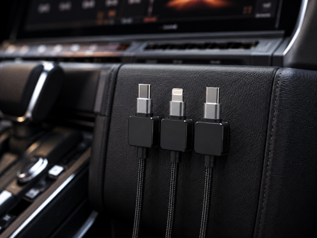 Three geometric square matte black alloy magnetic cable organizers aligned vertically on a black textured leather automotive interior panel, anchoring silver smartphone charging cord tips.