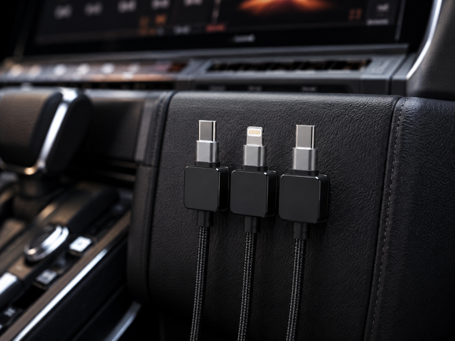 Three geometric square matte black alloy magnetic cable organizers aligned vertically on a black textured leather automotive interior panel, anchoring silver smartphone charging cord tips.