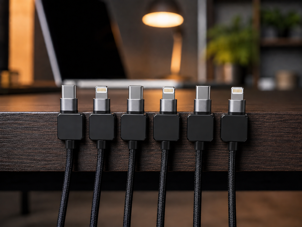 Six premium square-shaped matte black alloy magnetic cable clips lined up tightly along a dark walnut wooden desk edge, holding thick black braided charging cords beneath a warm ambient workspace desk lamp.