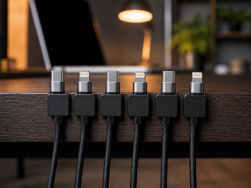 Six premium square-shaped matte black alloy magnetic cable clips lined up tightly along a dark walnut wooden desk edge, holding thick black braided charging cords beneath a warm ambient workspace desk lamp.