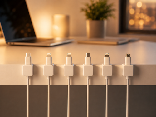 Six sleek square-shaped white alloy magnetic cable tidy clips holding matching white device cords in a perfectly straight row on a minimalist white desk with a warm golden hour office ambience.