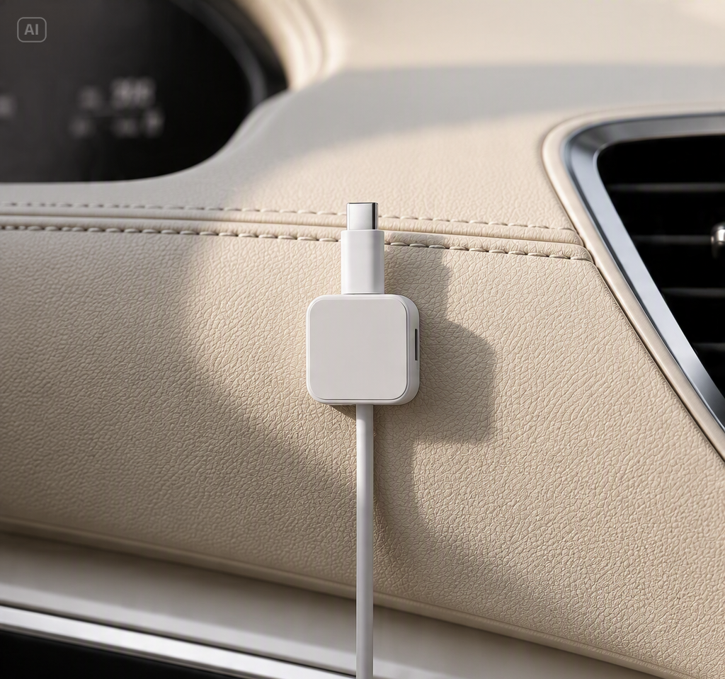 A single premium square-shaped white alloy magnetic cable clip mounted flush on a stitched cream leather car dashboard, holding a white charging cable cleanly in place under crisp, natural daylight.